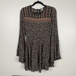 Anthropology Boho Mini Dress Flare Bell Long Sleeve Hippie 70s Dark Floral Fairy